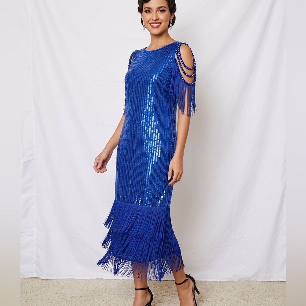 Blue Sequin Fringe Midi Dress XL Party Cocktail Formal